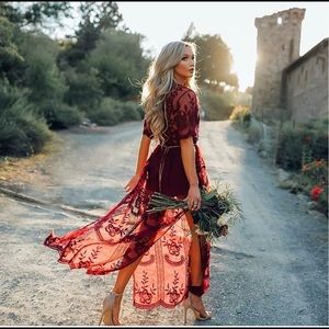 Stunning Red Deep V Neckline Lace Dress